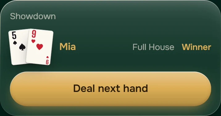 Итог раздачи и кнопка Deal next hand глазами игрока, чья очередь сдавать