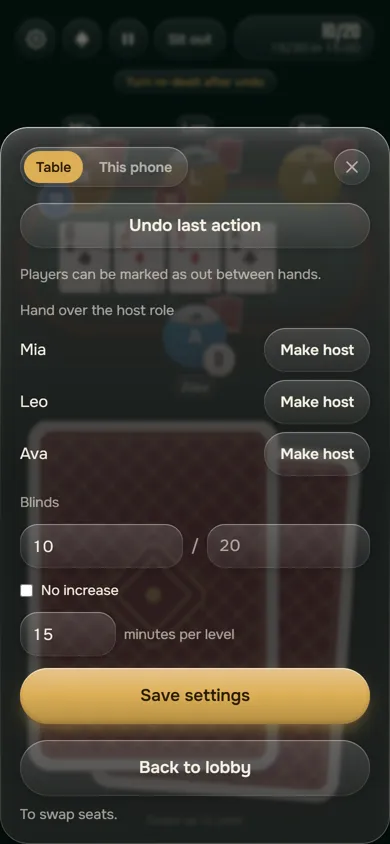 Host settings panel with the Undo last action button