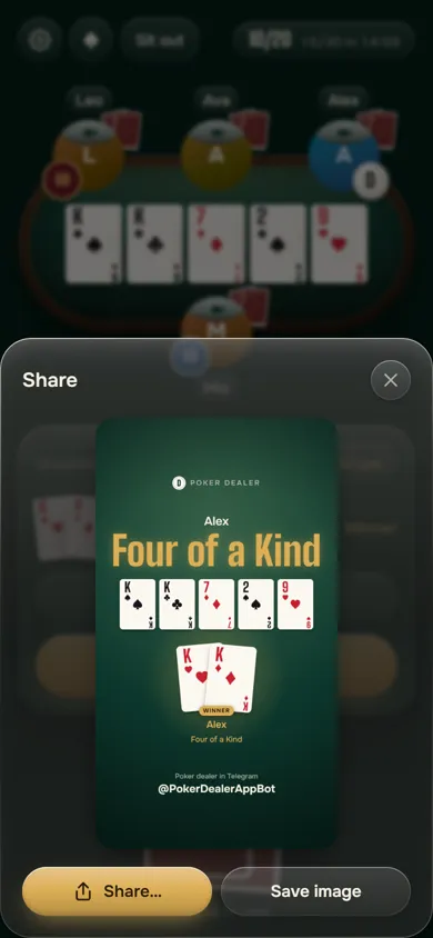 Share sheet with a 9:16 picture of the winning hand, Four of a Kind