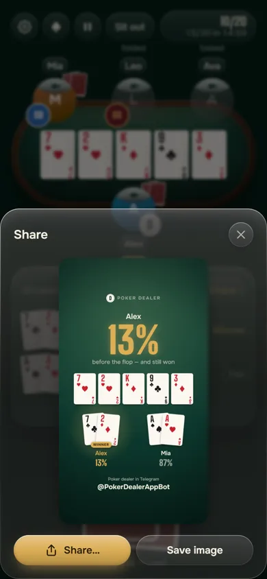 Share sheet with a 9:16 picture of the pre-flop winning odds