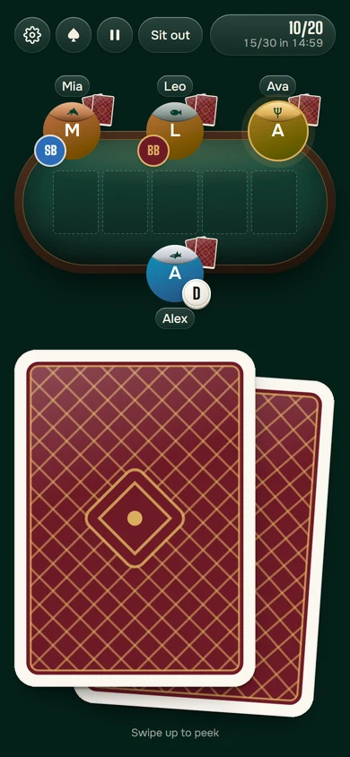 The player whose turn it is glows with a highlight ring; dealer button, blinds and level timer on screen
