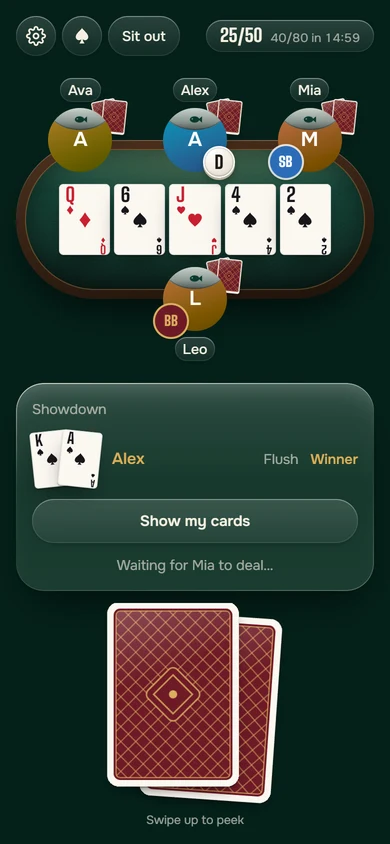 Showdown result with a plain status line: waiting for the next player to deal